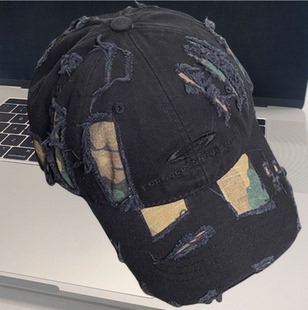 大头围复古做旧破洞小众迷彩棒球帽女街头显脸小遮阳鸭舌帽子男潮