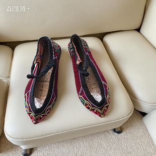 古风旗袍扣绣花鞋民族风纯手工千层底露趾绣鞋灯蕊绒布鞋36码真品