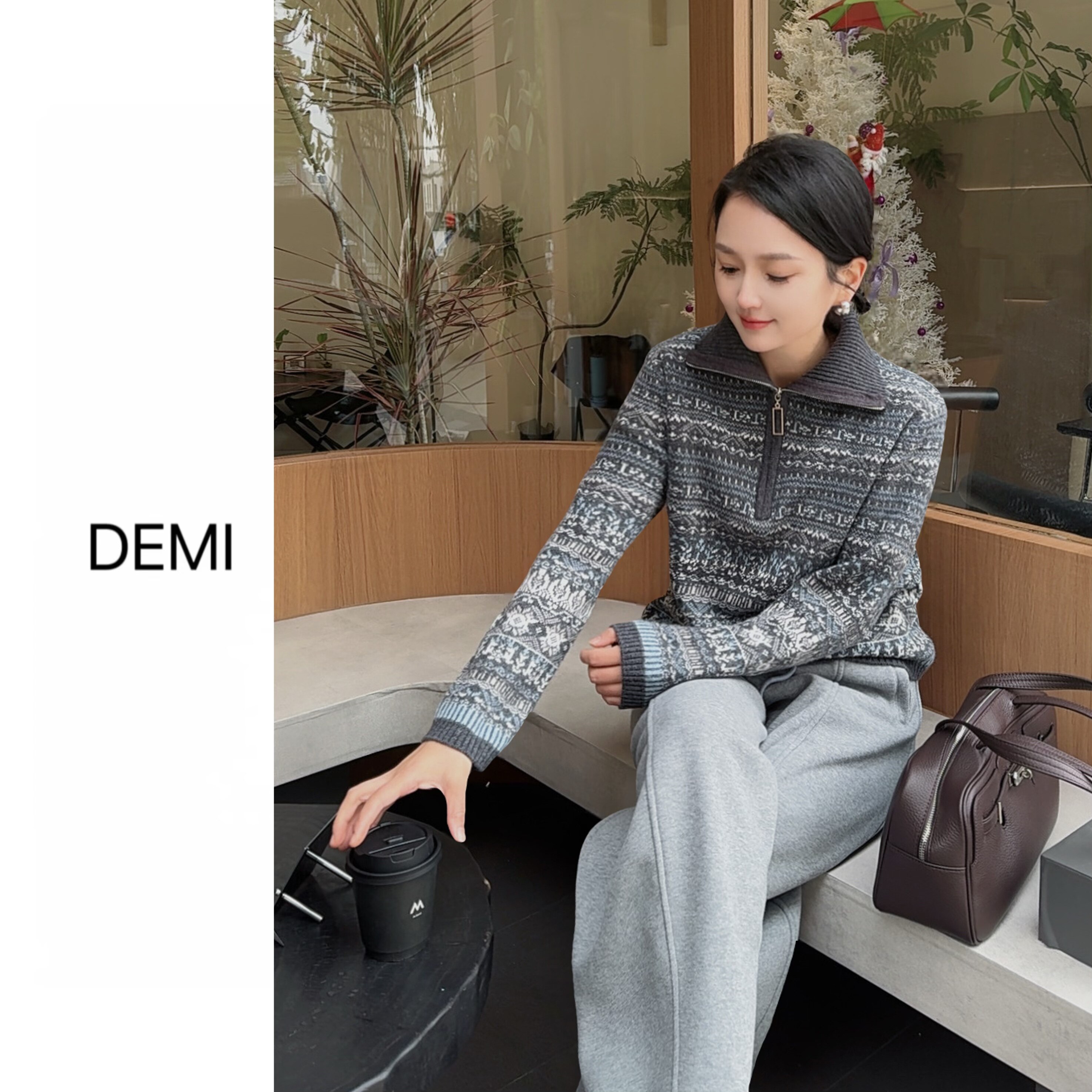 MISS RUILI 定制 冬季高级感复古费尔岛毛衣提花半拉链上衣F1429