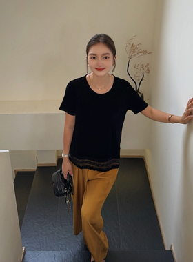 MISS RUILI定制   新款欧货蕾丝边花边拼接丝绒短袖显瘦上衣F2395