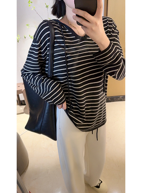 MISS RUILI定制 春季休闲条纹宽松连帽韩长袖套头针织衫F0077