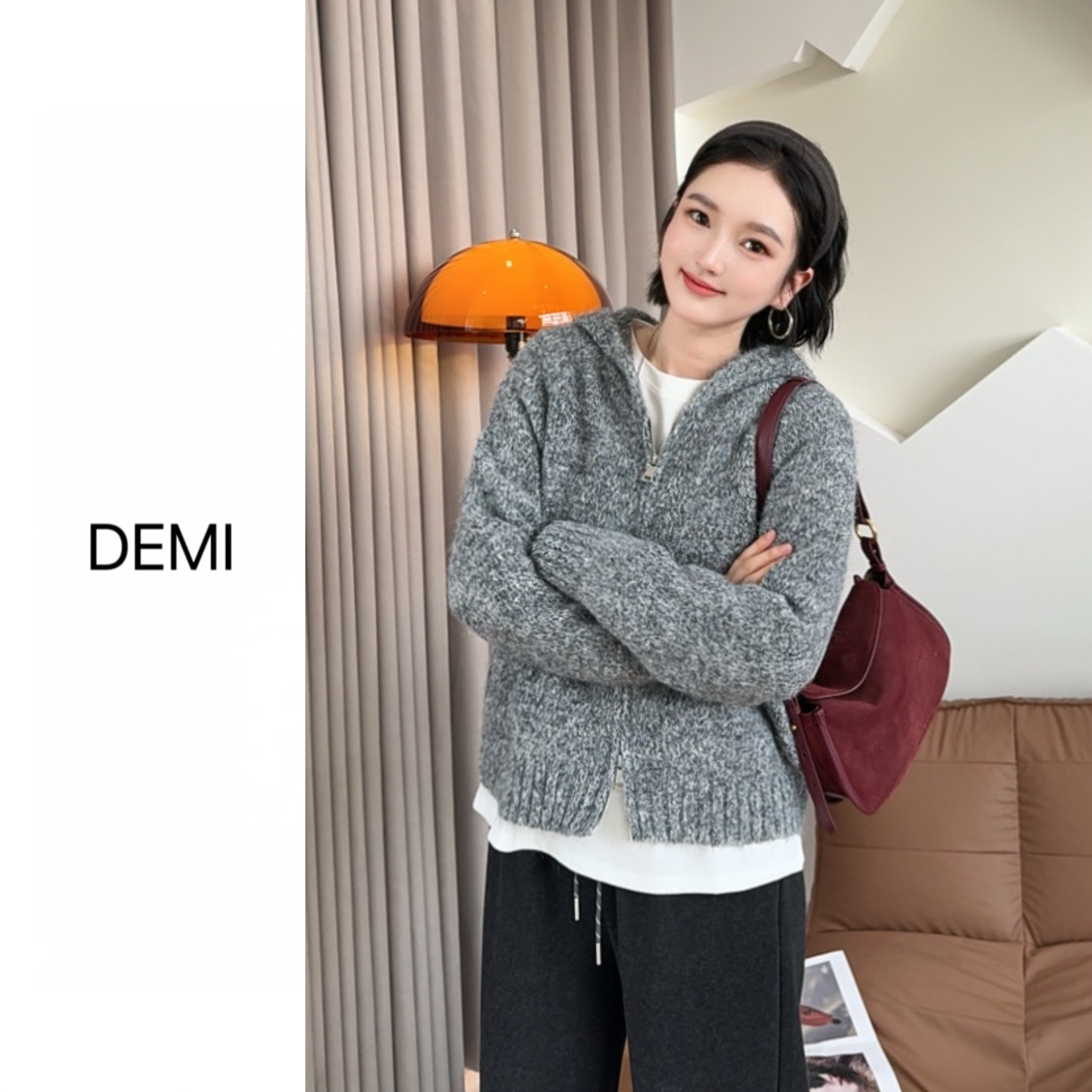 MISSRUILI定制  新款韩版休闲羊毛连帽针织拉链毛衣外套女F1225