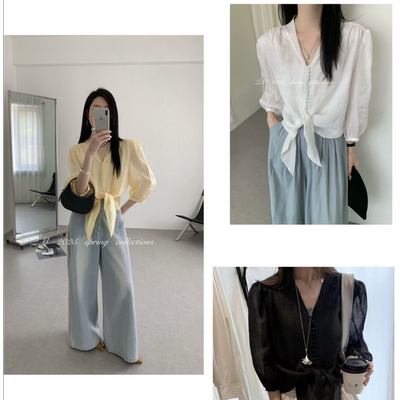 MISS RUILI 定制 新款苎麻系带衬衫女V领排扣小衫上衣F0886
