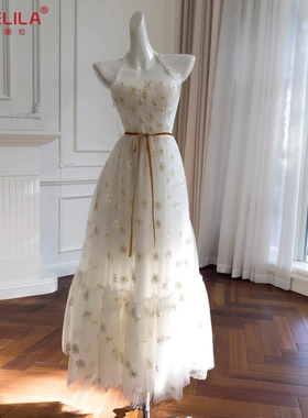 【订货款】气质挂脖抹胸网纱绣花连衣裙仙气长裙宴会礼服女68682