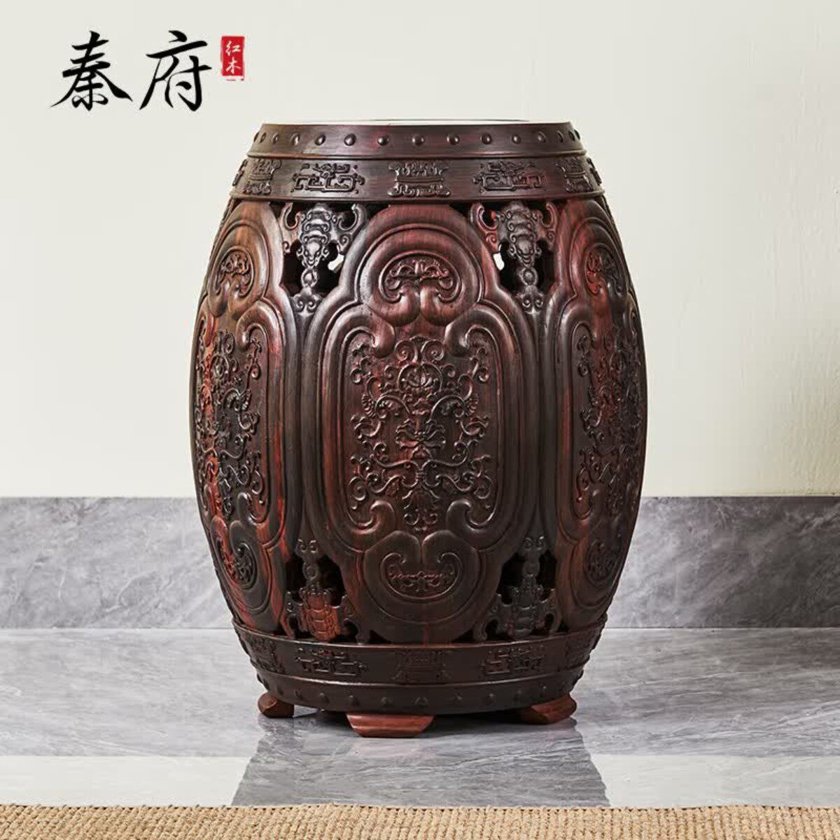 红木家具大红酸枝西番莲圆鼓凳交趾黄檀雕花中式圆凳椅凳