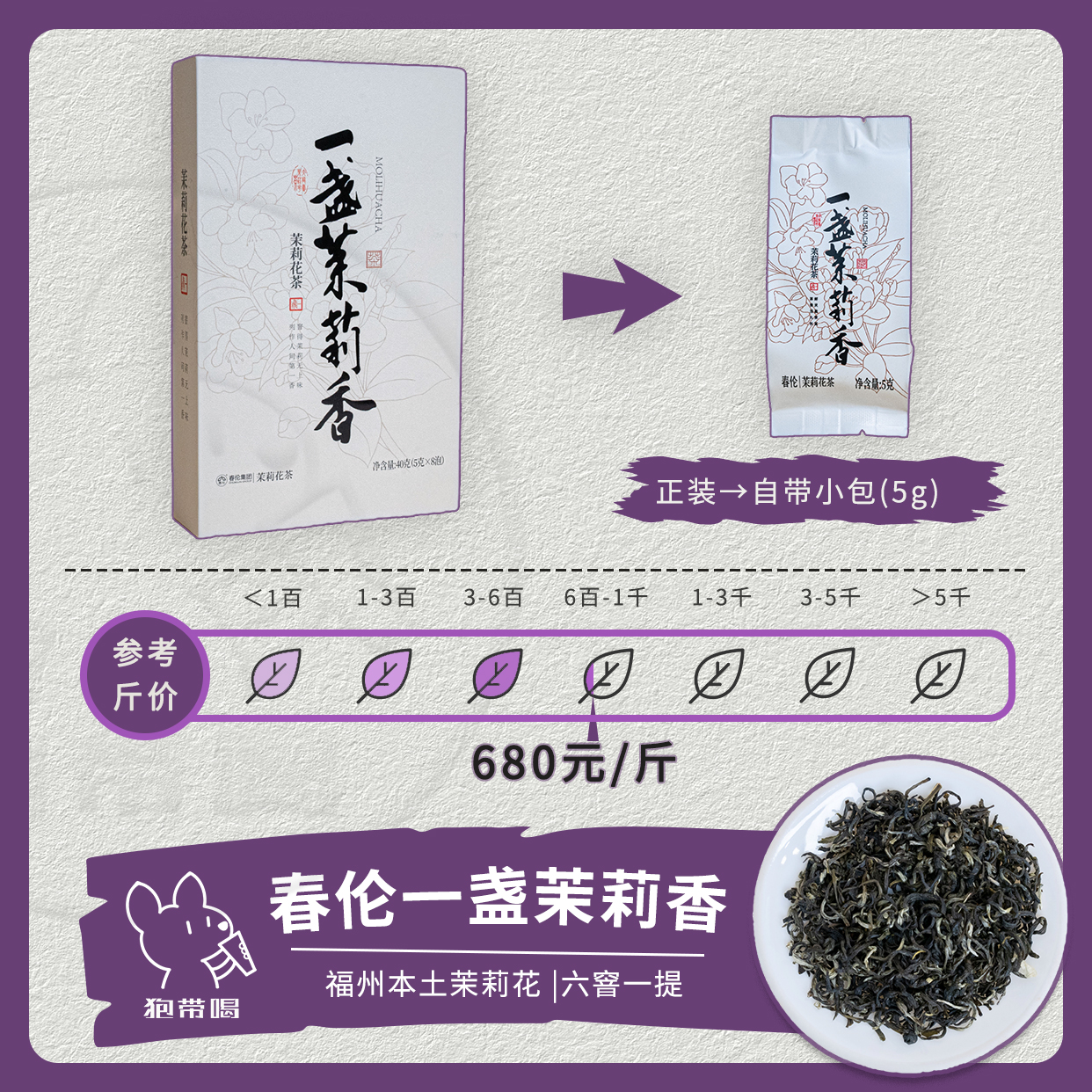 【单泡】春伦 一盏茉莉香 特级茉莉花花茶新茶叶样试喝品鉴装
