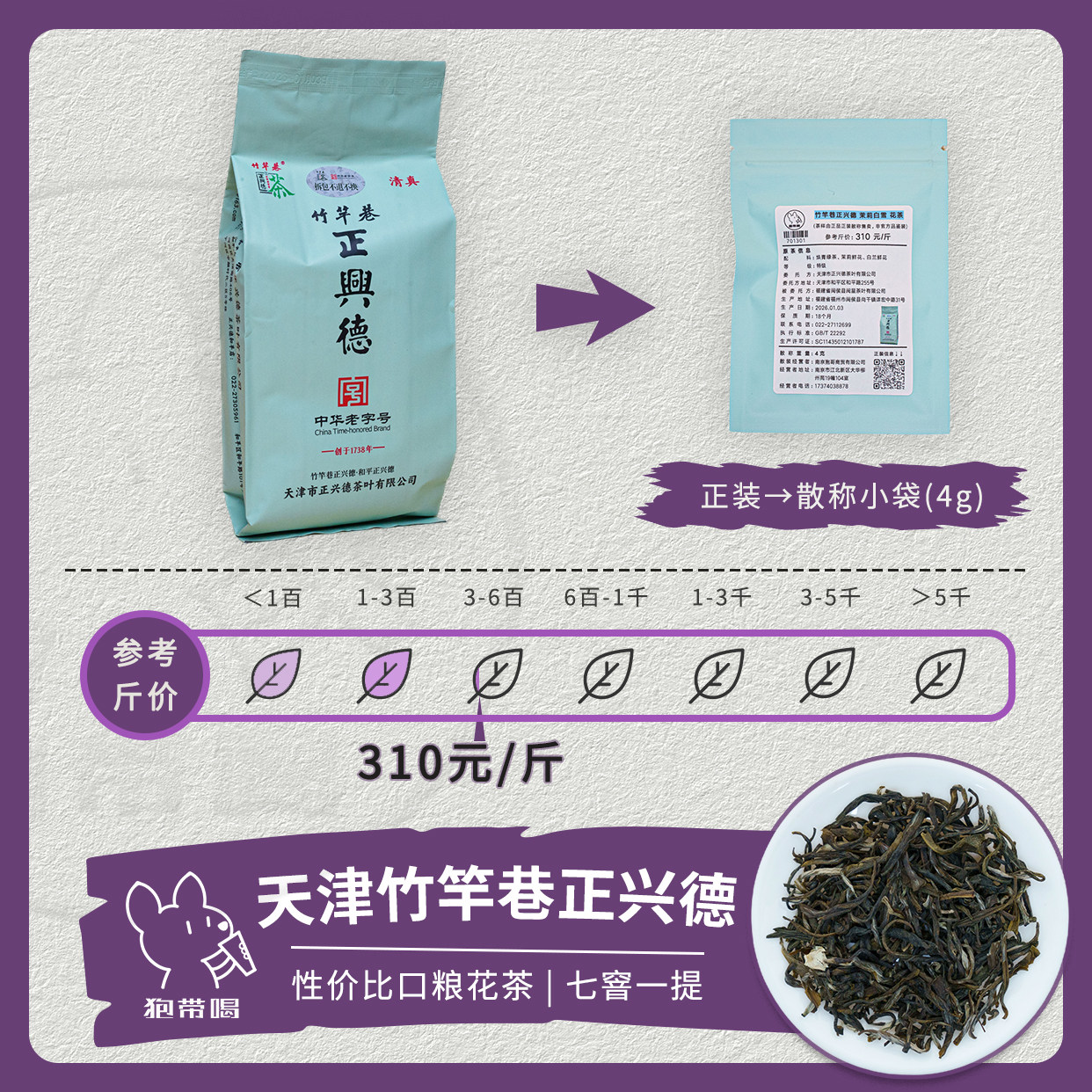 【单泡】竹竿巷正兴德 茉莉白雪 特级茉莉花花茶叶样试喝品鉴装,茶,茉莉花茶,淘宝优惠券,粉丝福利购,淘宝优惠卷