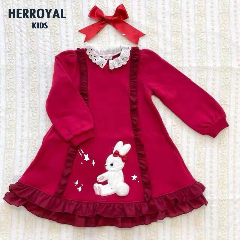HERROYAL春装卫衣裙加绒女童装新款红色连衣裙生日裙兔兔裙
