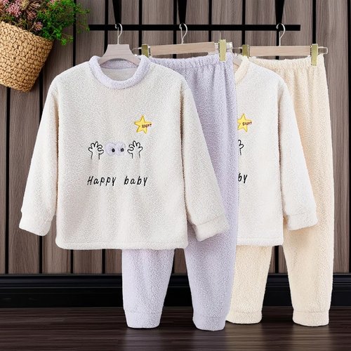 秋冬季女童半边珊瑚绒法兰绒睡衣