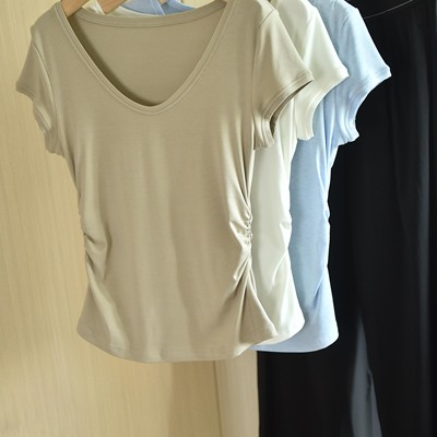 法式浅V领 Lyocell纤维混纺窄肩显瘦短袖T恤面料