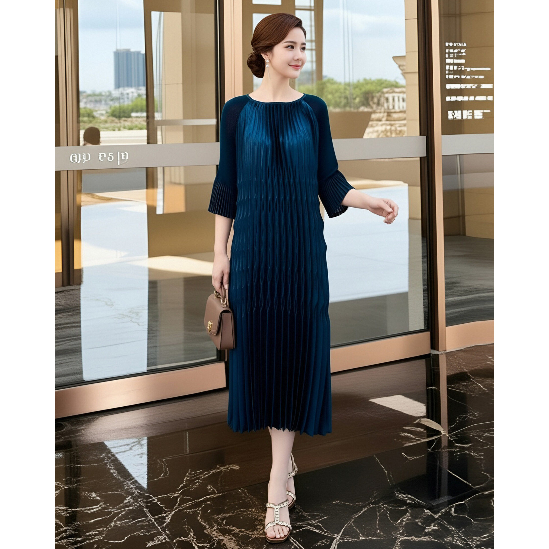 褶皱高端百褶裙优雅气质连衣裙26年新款春装宽松大码女妈妈裙子