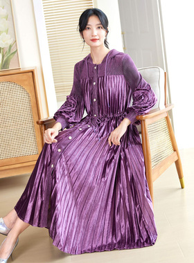 亮面连衣裙妈妈秋冬新款贵夫人时尚欧货洋气大码减龄紫色连帽裙
