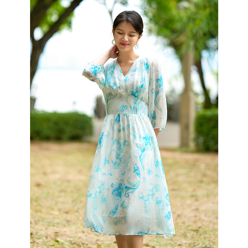 时尚高端100天然桑蚕丝气质亲肤真丝连衣裙正品2025女夏收腰裙子