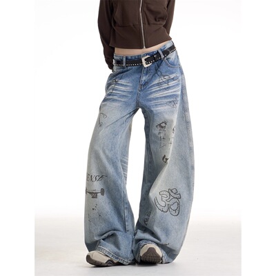ONLPP美式覆古辣妹涂鸦牛仔裤女春秋2025新款宽松显瘦百搭阔腿裤