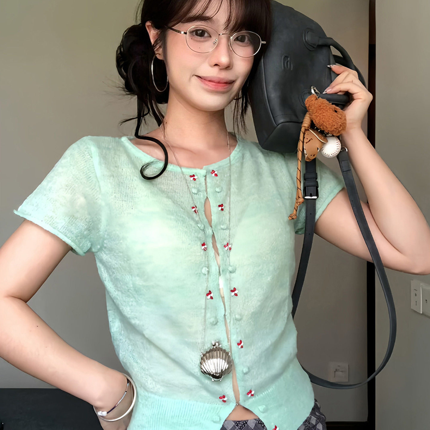 薄荷绿短袖针织开衫女夏季新款镂空外套修身显瘦透气设计感上衣潮图片