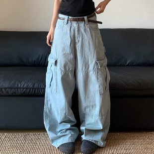 LIFEASAM美式复古大口袋垂感工装裤男女宽松阔腿拖地长裤休闲裤子