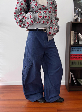 19studio WAYNEPRINCE美式复古大口袋休闲裤宽松阔腿蓝色工装裤子
