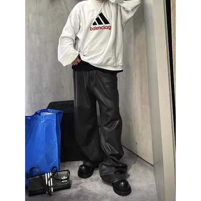 RO风暗黑高街baggy黑色刷蜡涂层廓形牛仔裤蜡面裤明星同款