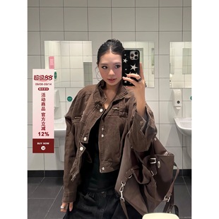 F383 美式复古立领工装牛仔机车外套女宽松高级感短款夹克上衣男
