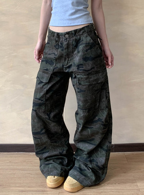 Apocket美式复古多口袋迷彩工装裤女宽松直筒褶皱高级感休闲裤子