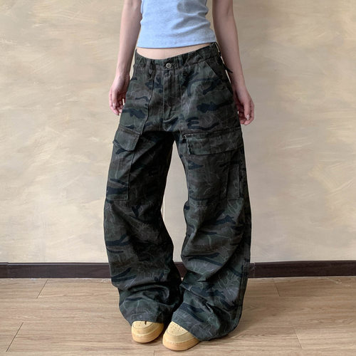 Apocket美式复古多口袋迷彩工装裤女宽松直筒褶皱高级感休闲裤子