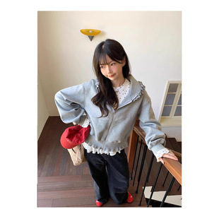 灰色连帽卫衣木耳花边外套女2026年春秋甜美穿搭新款慵懒粉色上衣