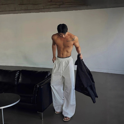 韩国东大门轻薄棉麻休闲裤男条纹宽松抽绳松紧长裤美式老爹弯刀裤