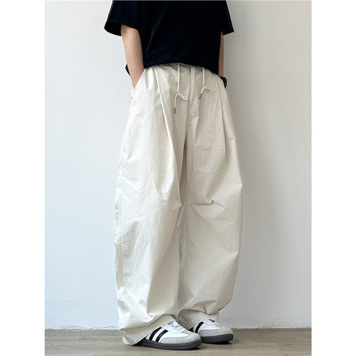 JOYZONE夏季新款男日系百搭薄款弯刀打褶休闲裤宽松直筒阔腿裤子