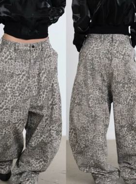 unthinkable百搭廓形水洗豹纹牛仔裤男女休闲复古宽松阔腿长裤子