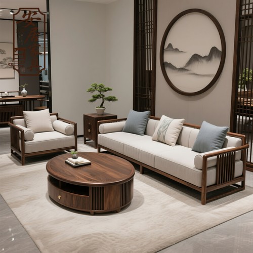 新中式北美黑胡桃实木沙发布艺