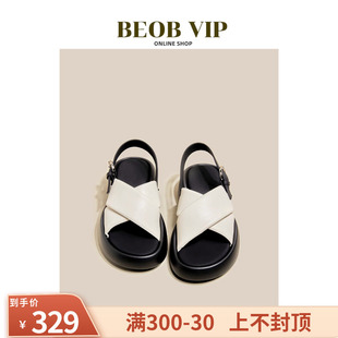 夏2023新款 厚底凉鞋 女鞋 意大利 真皮交叉露趾增高罗马凉拖鞋 BEOB