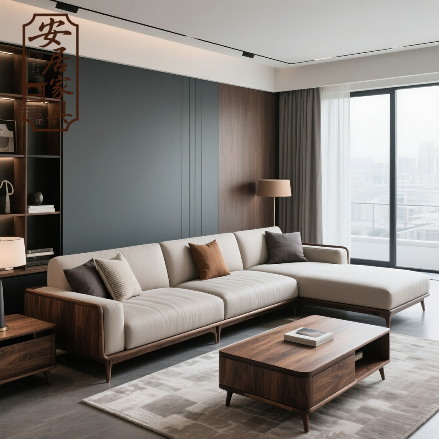 北美黑胡桃实木转角贵妃沙发组合新中式布艺小户型客厅样板房定制