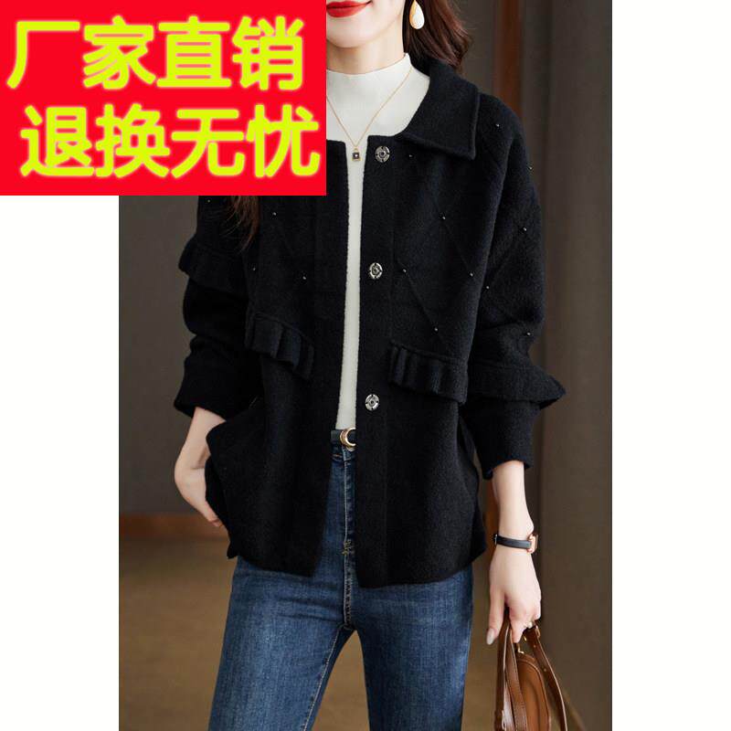 2025秋季新款女装别致木耳边毛呢短外套烫钻黑色翻领保暖长袖上衣