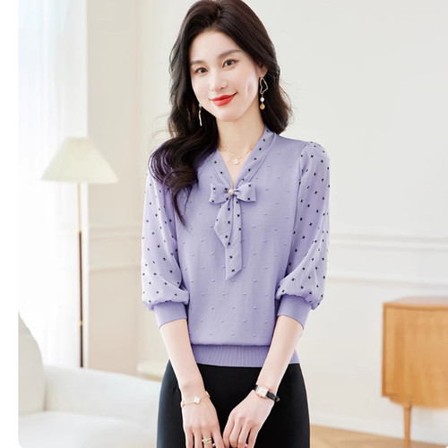 蝴蝶领冰丝短袖t恤女2025新款洋气妈妈夏装薄雪纺纱袖桑蚕丝上衣