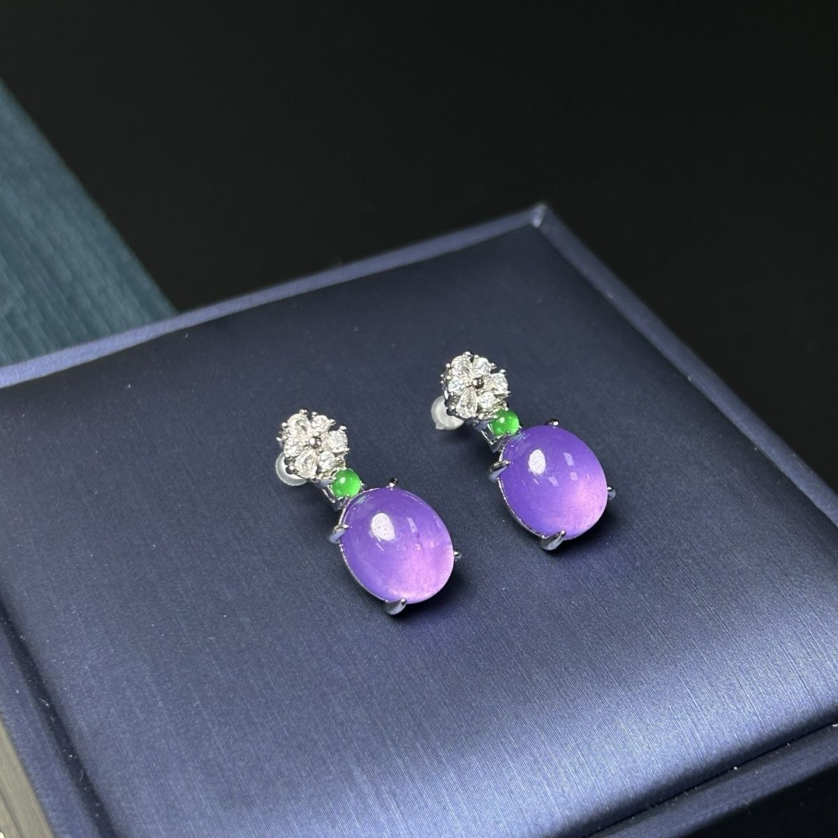 缅甸翡翠裸石耳坠冰种满色老坑镶嵌钻耳钉女时尚耳环耳饰品