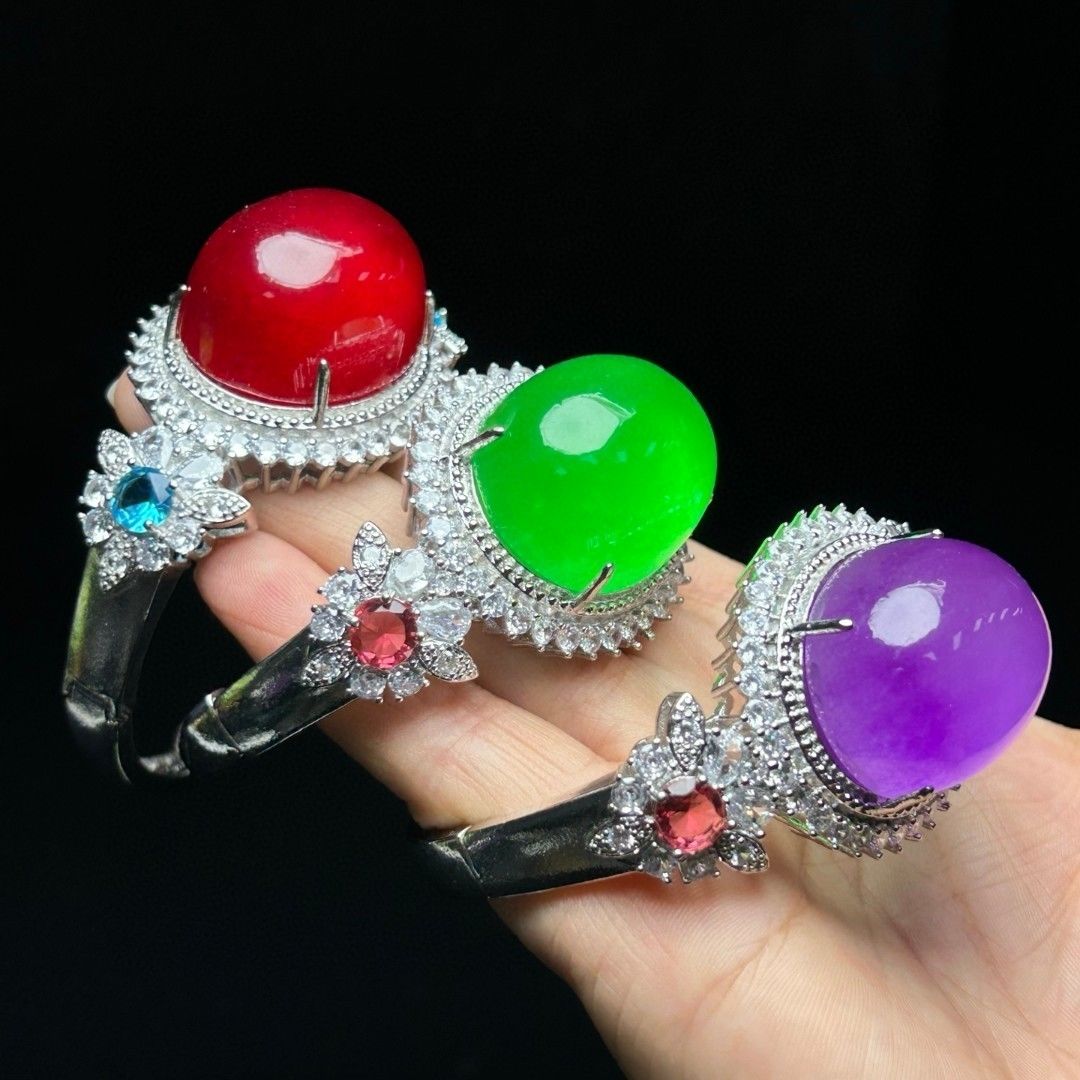 缅甸天然高冰翡翠鸽子蛋豪华镶嵌玉镯帝王绿紫罗兰红翡精美饰品