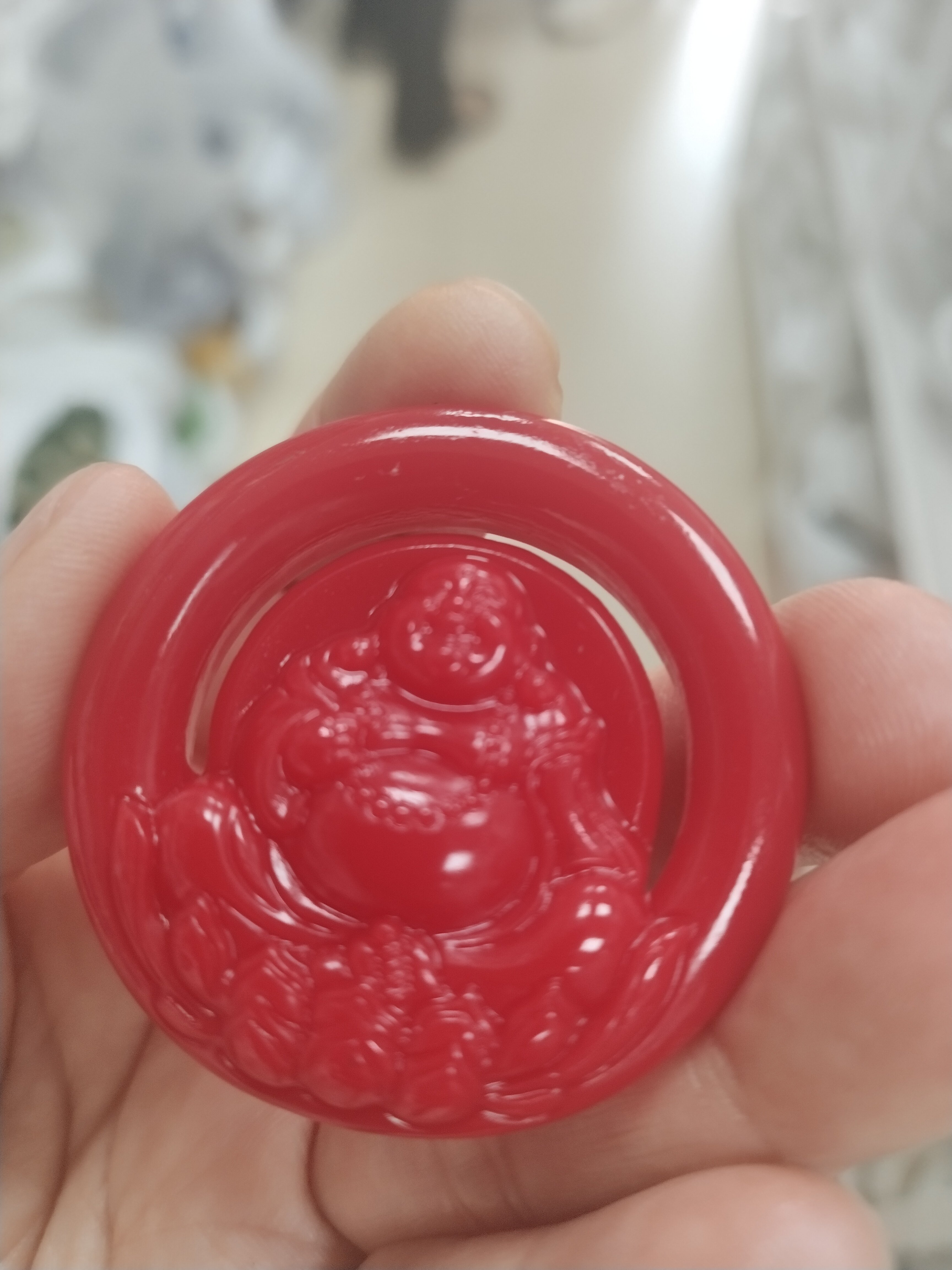 鸡血红大肚弥勒笑佛玉石镂空挂件双面雕刻红玉佛公吊坠车挂中国风