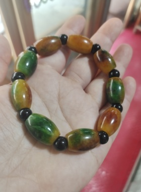 黄色飘绿玉石鼓形路路通手链大气男款手工中式高级黄绿色手串