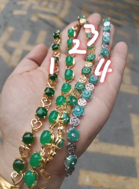 真空电镀镶嵌白底青翠玉铜钱手链女款阳绿色马眼手串鸡心手链