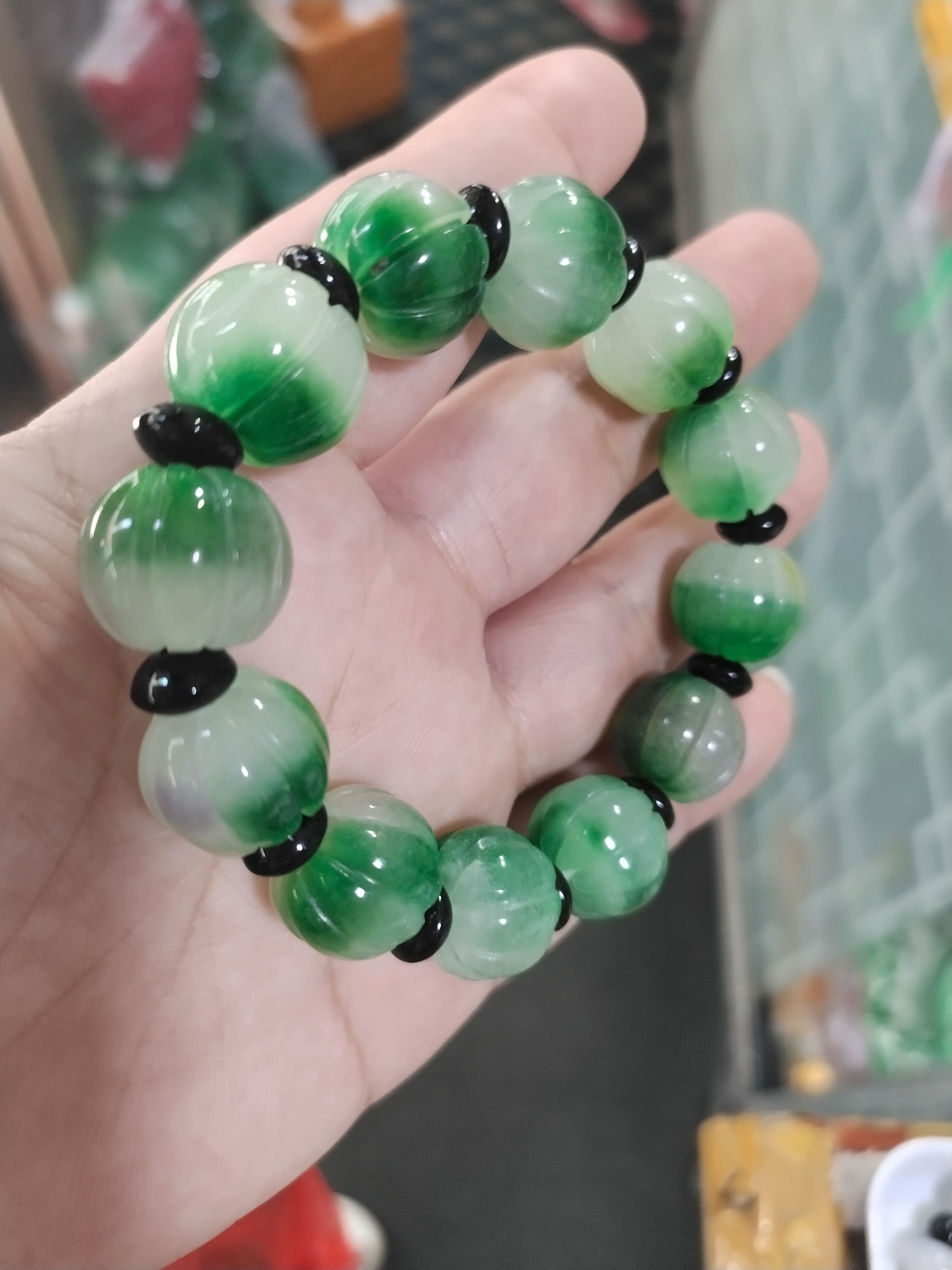 天然玉石冰糯种缅甸翡翠玉手工精雕老工转运福瓜珠手链招财手串