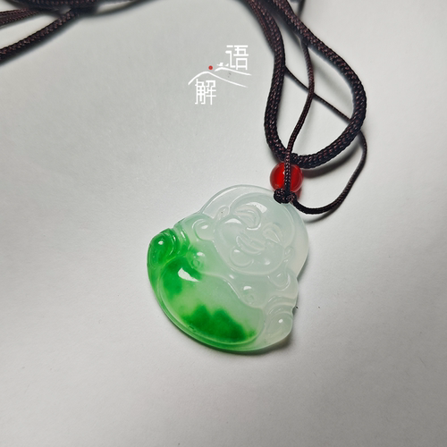 冰种飘花色玉佛吊坠缅甸女款送礼挂件链浅绿飘花弥勒佛笑佛玉石
