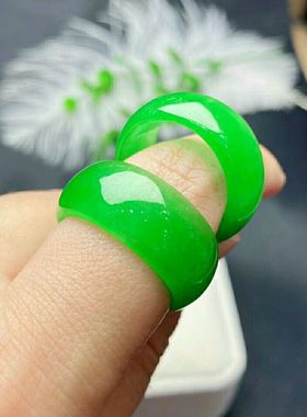 正品天然石英岩玉冰种戒指男女款满阳绿辣绿玉石指环帝王绿