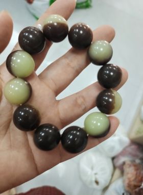 和田玉聚宝盆手串 青花手串圆珠玉质细腻温润,两色分明