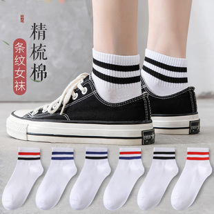 二杠条纹袜子女春夏季 纯棉白色短袜学生原宿日系ins潮低帮运动袜
