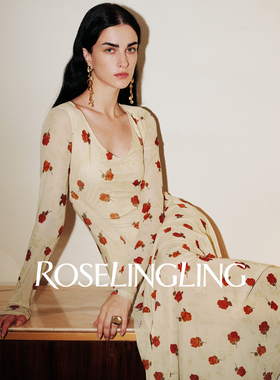 ROSELINGLING原创玫瑰印花 轻薄120D网纱浪漫印花收腰 早秋连衣裙