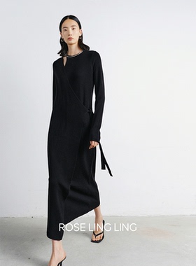 RoseLingLing超细羊毛 个性肩部镂空 交叠系带式针织连衣裙