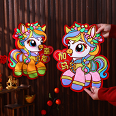 2026马年绒布立体生肖对贴烫金卡通对贴新年春节装 饰墙贴玻璃门贴