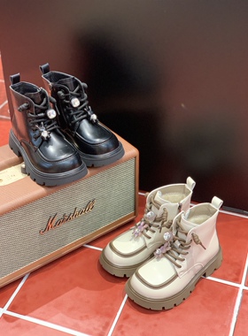 秋冬新款女童加绒米色马丁靴加厚保暖棉靴卡通方口黑色童鞋潮童鞋