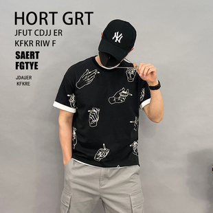 宽松印花短袖 8043p70控115男2021新潮牌日系大码 T恤男纯棉爆款