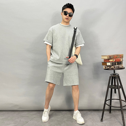 D21013-p115夏精品新款宽松休闲纯色情侣短袖T恤短裤高品质套装